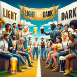 DALL·E 2024-01-04 10.36.41 - A playful and imaginative interpretation of a Light vs. Dark Beer Battle. The scene depicts two groups of people, each championing a type of beer. O.png